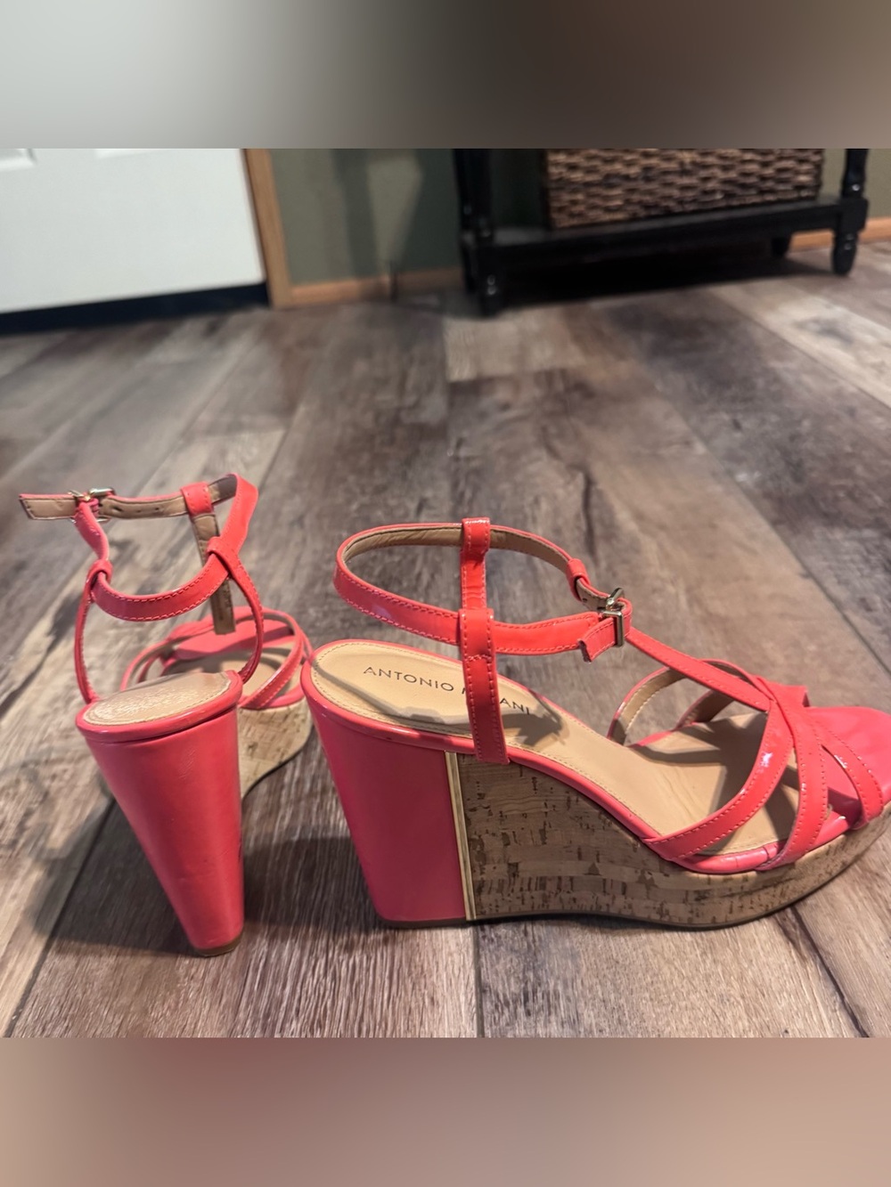 ANTONIO MELANI Coral Patent Wedge Sandals with Cork Platform